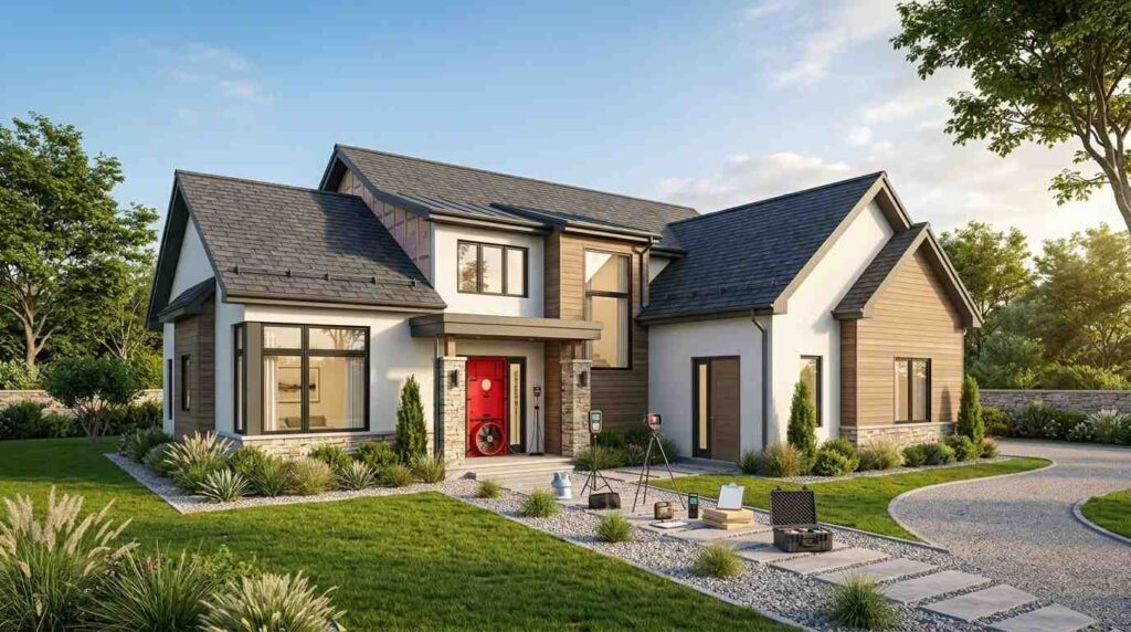 modern energy efficient home prepared for ENERGY STAR verification with blower door testing equipment thermal imaging tools and premium insulated construction without people