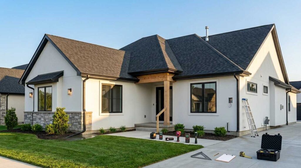 newly constructed modern home showing subtle building code defects that commonly cause final inspection failures with professional inspection equipment and no people
