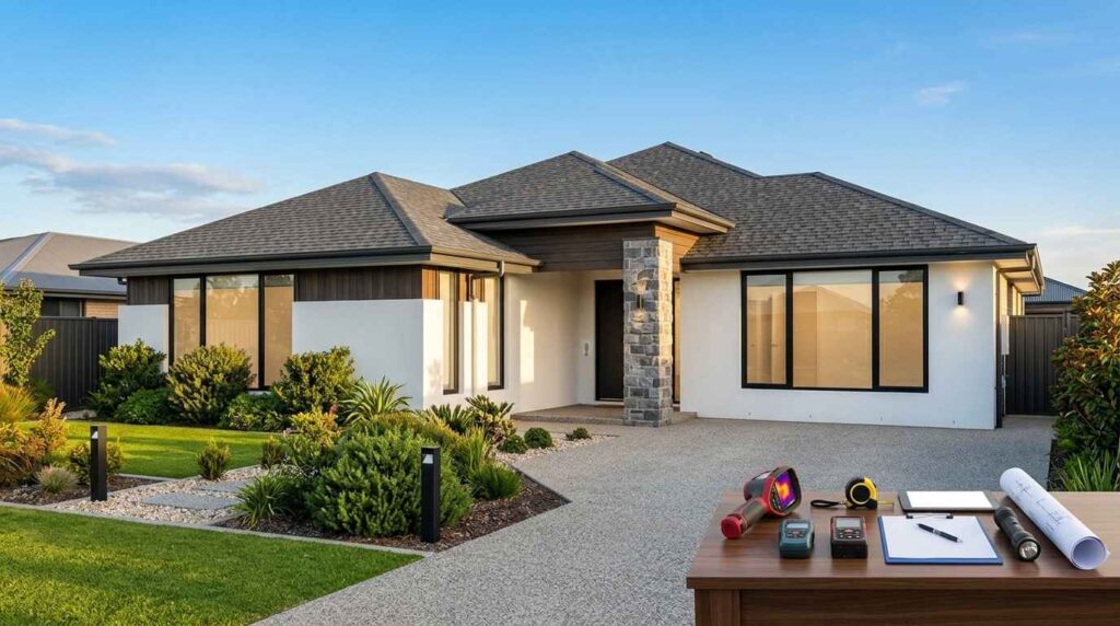 newly completed modern home prepared for a final walkthrough inspection showing premium construction quality subtle punch list items and professional inspection equipment without people