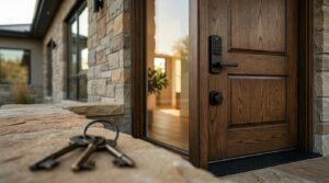 Smart lock installed on a wooden front door with keys in the foreground.