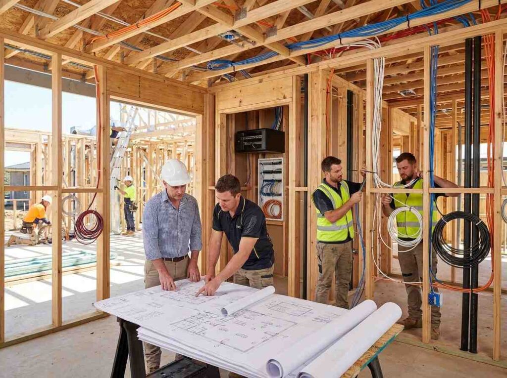 Male homeowner and male low-voltage contractor reviewing smart home wiring plans while Ethernet cabling, security wiring, audio cables, and automation infrastructure are installed in a luxury home under construction.