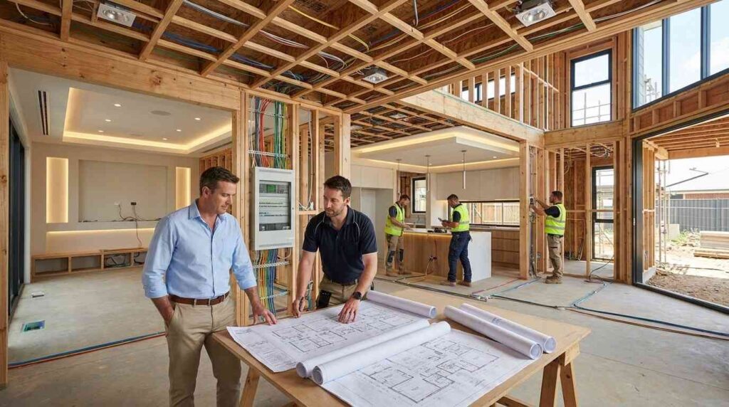 Male homeowner and male lighting designer reviewing a smart lighting master plan while electricians install automated lighting infrastructure, dimmers, sensors, and LED systems in a luxury home under construction.