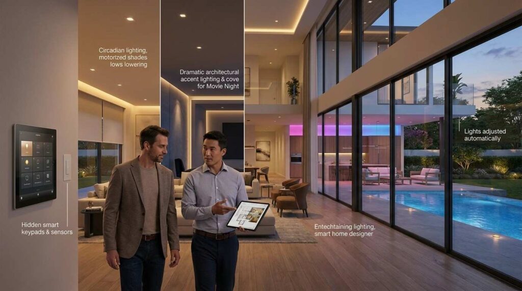 Male homeowner and male smart home designer exploring luxury whole-home lighting automation with architectural lighting, motorized shades, and premium smart home controls in a modern residence.