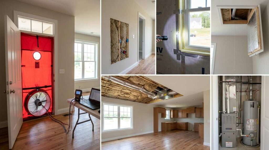 Newly constructed suburban home undergoing energy code inspection with insulation, air sealing, efficient windows, HVAC systems, blower door testing equipment, and building envelope details visible throughout the property.