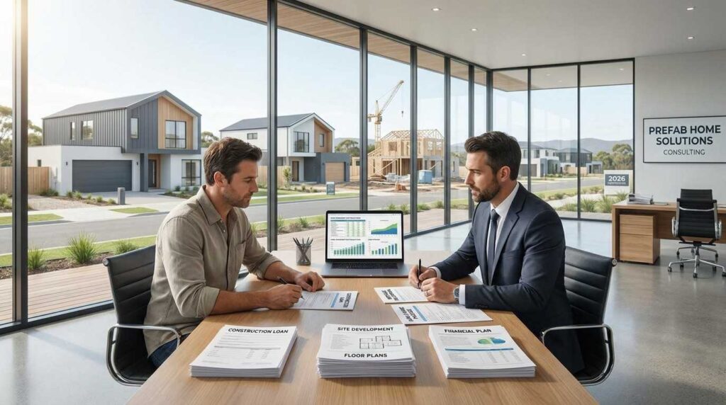 Male homebuyer and male mortgage specialist reviewing prefab home financing options, loan documents, and construction budgets beside a modern prefab home in an Australian residential setting.