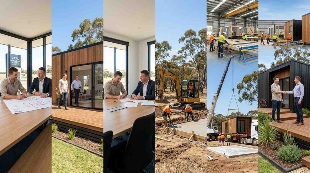 Male homebuyer and male prefab housing consultant following the complete prefab home buying process from planning and financing to factory construction, installation, and move-in.