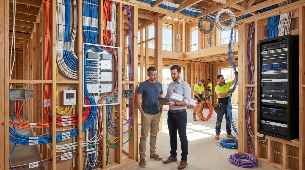 Male homeowner and male smart home integration specialist reviewing smart home pre-wiring plans while structured cabling, security wiring, networking, and automation infrastructure are installed in a new luxury home under construction.