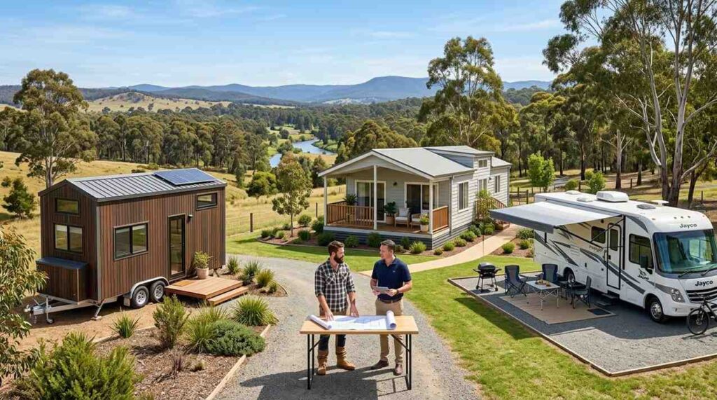 Side-by-side comparison of a Tiny House on Wheels, Park Model Home, and RV in Australia with a male homeowner and male housing consultant reviewing housing plans outdoors.