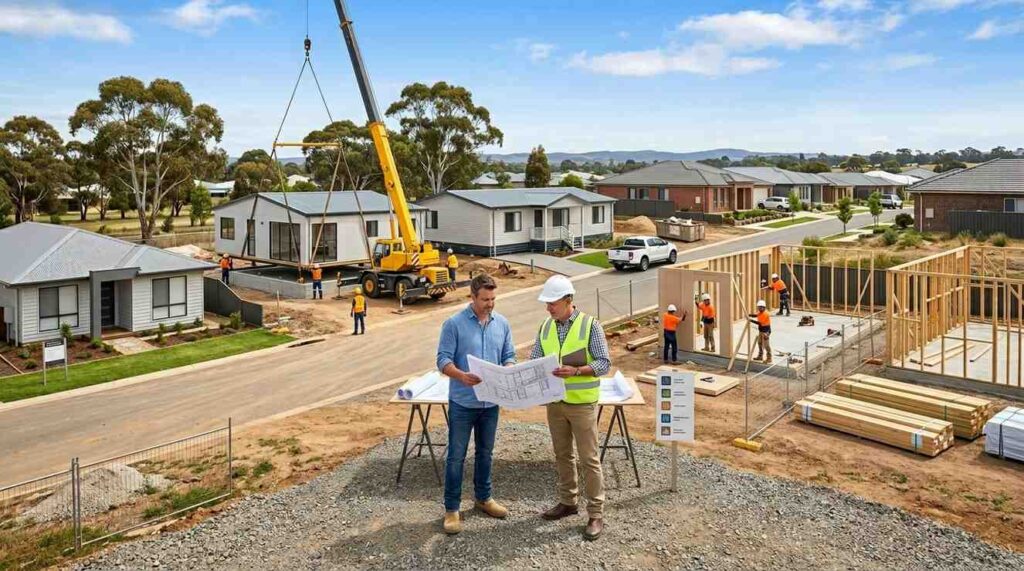 Male homeowner and male housing consultant comparing prefab, modular, manufactured, panelized, and kit homes in a modern Australian residential development with various construction methods on display.