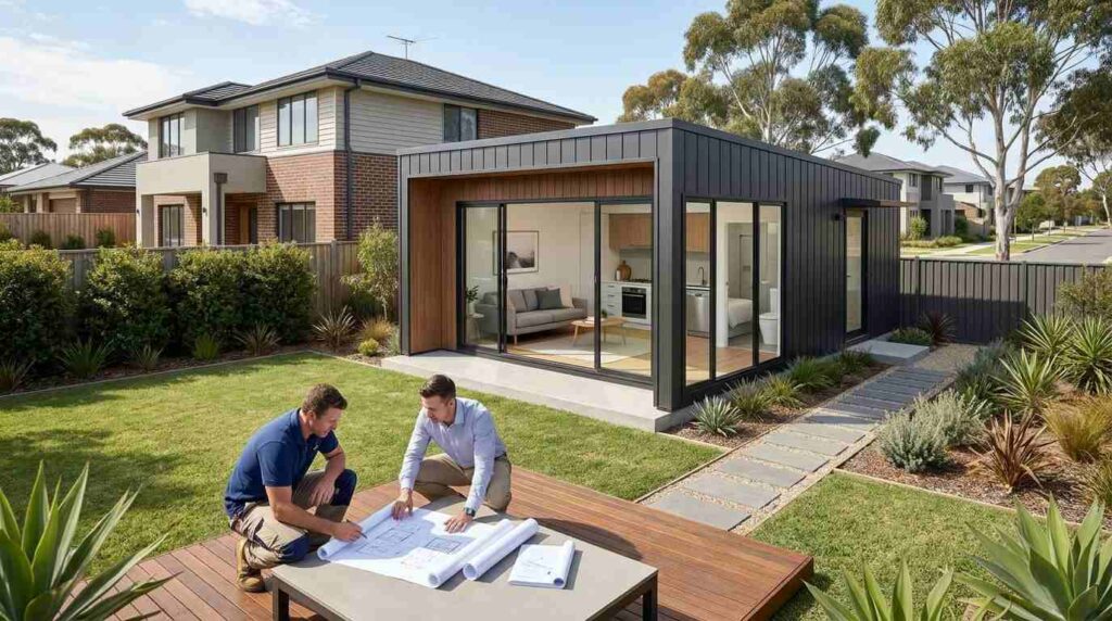 Male homeowner and male prefab housing consultant reviewing plans for a modern prefab ADU installed behind a primary residence in an Australian suburban backyard.