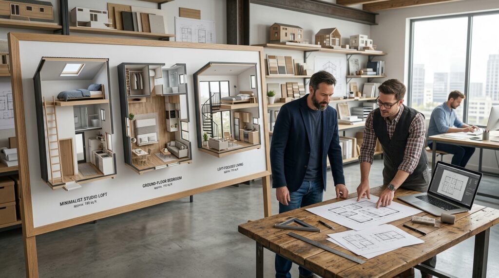 Male homeowner and male tiny house designer reviewing multiple Tiny House on Wheels floor plans under 200 square feet in a modern architectural design studio.
