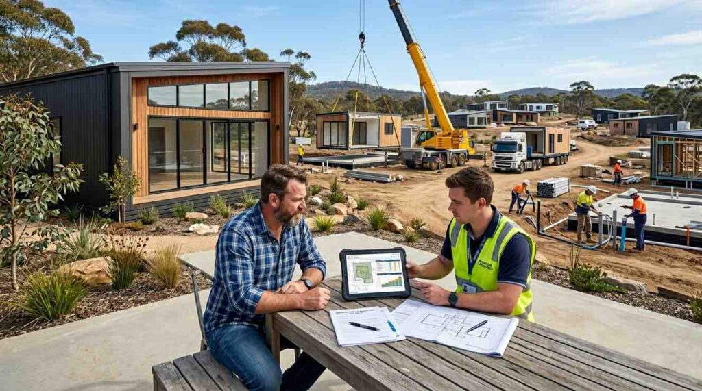Male homeowner and male prefab housing consultant reviewing construction budgets and installation plans beside a modern prefab home being delivered and assembled in a residential development.