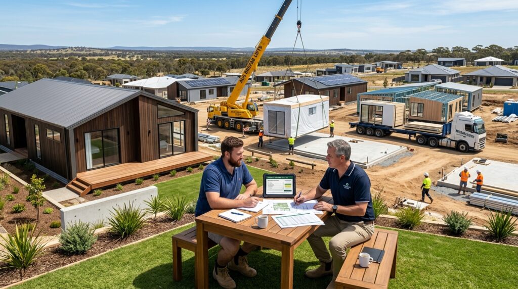 Male homeowner and male prefab housing consultant reviewing construction budgets and installation plans beside a modern prefab home being delivered and assembled in a residential development.