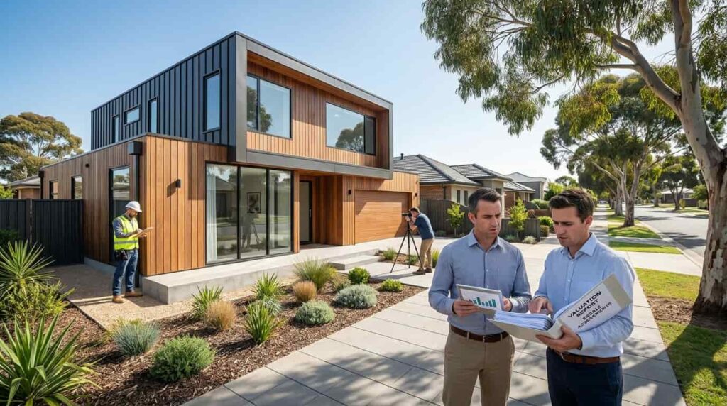 Male homeowner and male real estate valuation expert reviewing appraisal reports and resale value assessments beside a modern prefab home in an Australian suburban neighborhood.