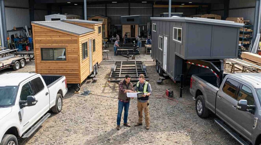 Side-by-side comparison of a bumper pull Tiny House on Wheels and a gooseneck Tiny House on Wheels with a male homeowner and male builder reviewing trailer options in a construction yard.
