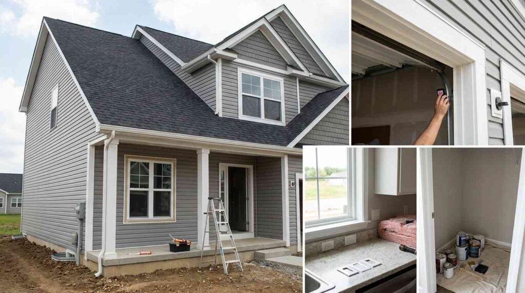 Nearly completed suburban home undergoing re-inspection after corrections, showing updated electrical work, insulation, handrails, flashing, plumbing repairs, exterior grading improvements, and other code-compliance fixes before final approval.
