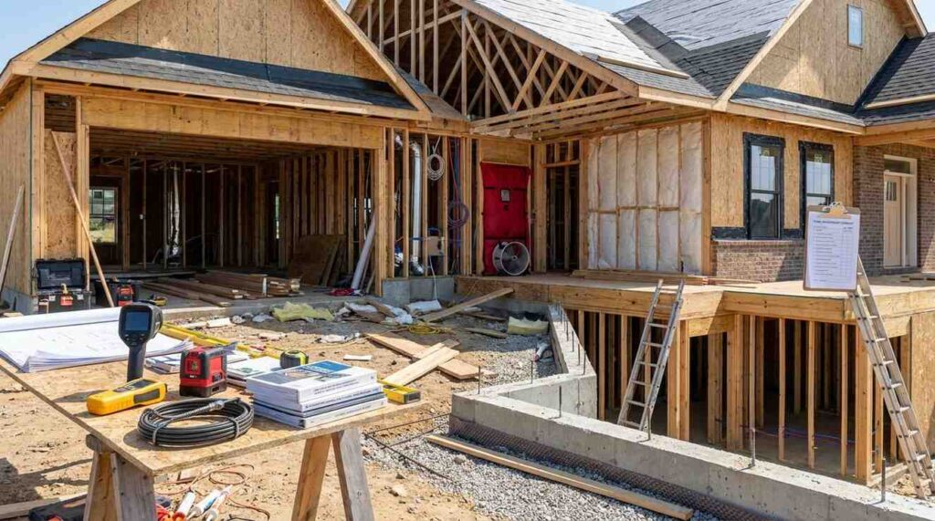 New home under construction showing foundation, framing, electrical, plumbing, HVAC, insulation, roofing, and final inspection stages with professional inspection tools, construction documents, and realistic job-site conditions throughout the project.