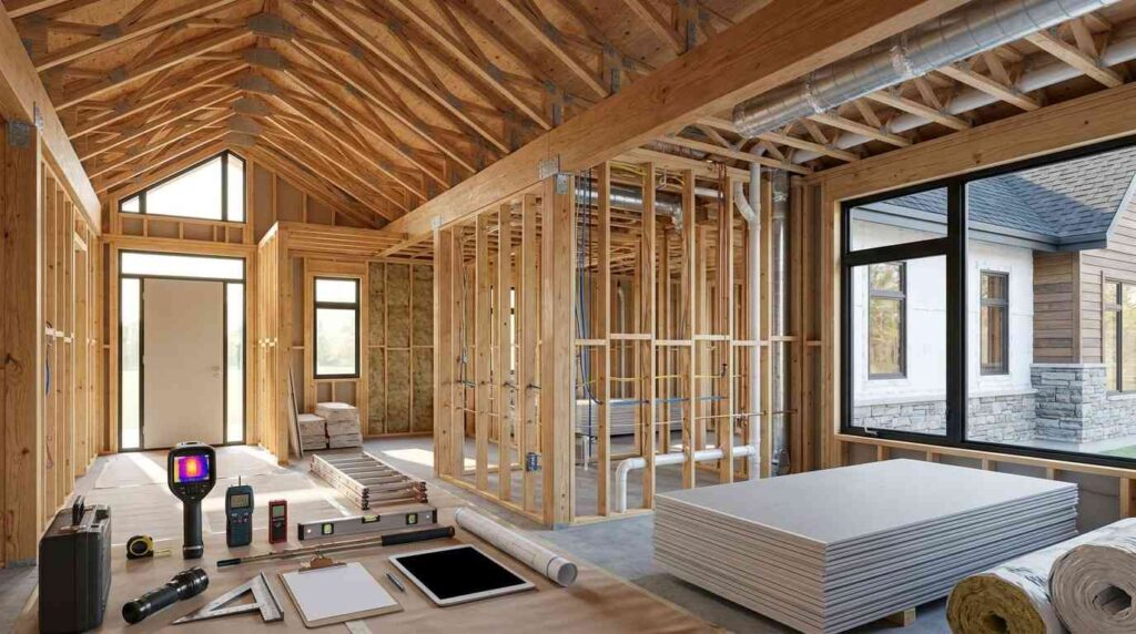 new residential home during pre drywall inspection showing exposed framing electrical wiring plumbing HVAC systems and professional inspection equipment without people