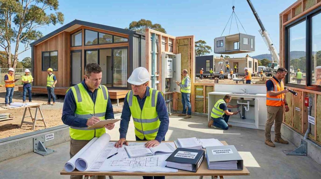 Male building inspector and male prefab construction manager reviewing code compliance documents and inspecting a modern prefab home built to regulatory standards.