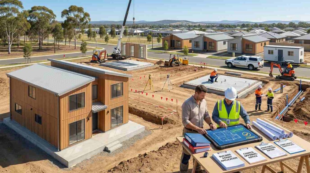 Male homeowner and male building consultant reviewing prefab home permits, council approvals, and construction documents beside a modern prefab home in an Australian residential development.