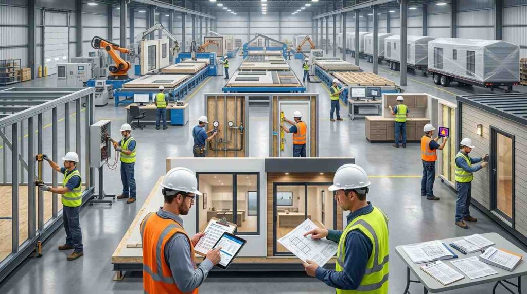 Male quality control inspector and male prefab construction manager conducting structural, electrical, and finish inspections on a prefab home module inside a modern manufacturing facility.