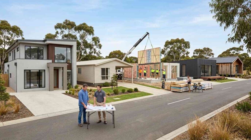 Male homeowner and male housing consultant reviewing different prefab home categories including modular homes, manufactured homes, panelized homes, kit homes, tiny prefab homes, and prefab cabins in a modern residential development.