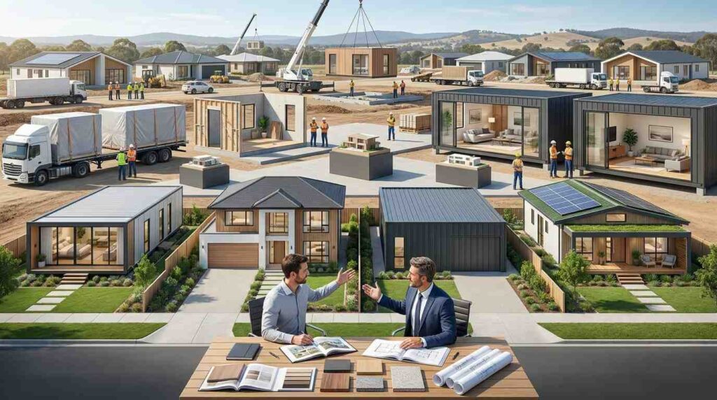 Male homebuyer and male prefab housing consultant comparing premium prefab homes from leading builders in a modern Australian residential development featuring multiple contemporary prefab designs.