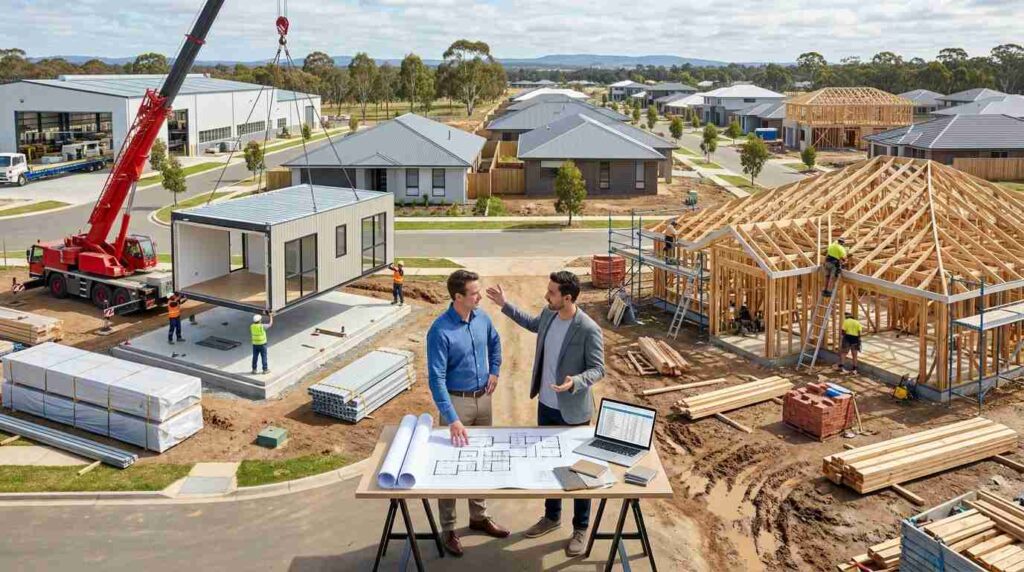 Male homeowner and male architect comparing a factory-built prefab home and a traditionally constructed custom home in an Australian residential development.