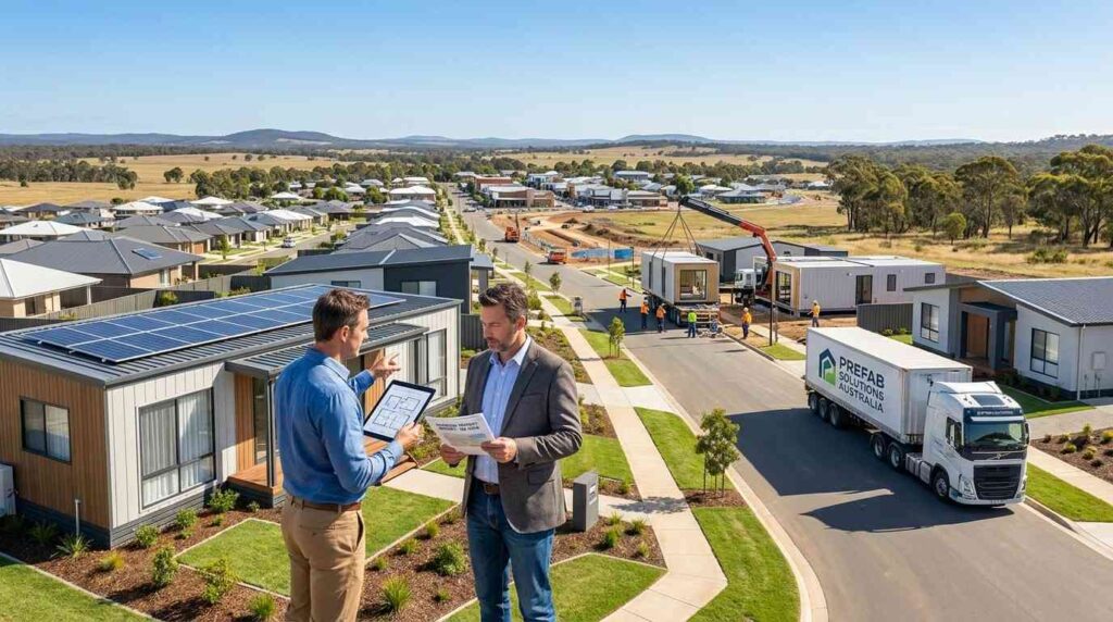 Male property investor and male prefab housing consultant reviewing regional housing development plans beside a growing prefab home community in regional Australia.