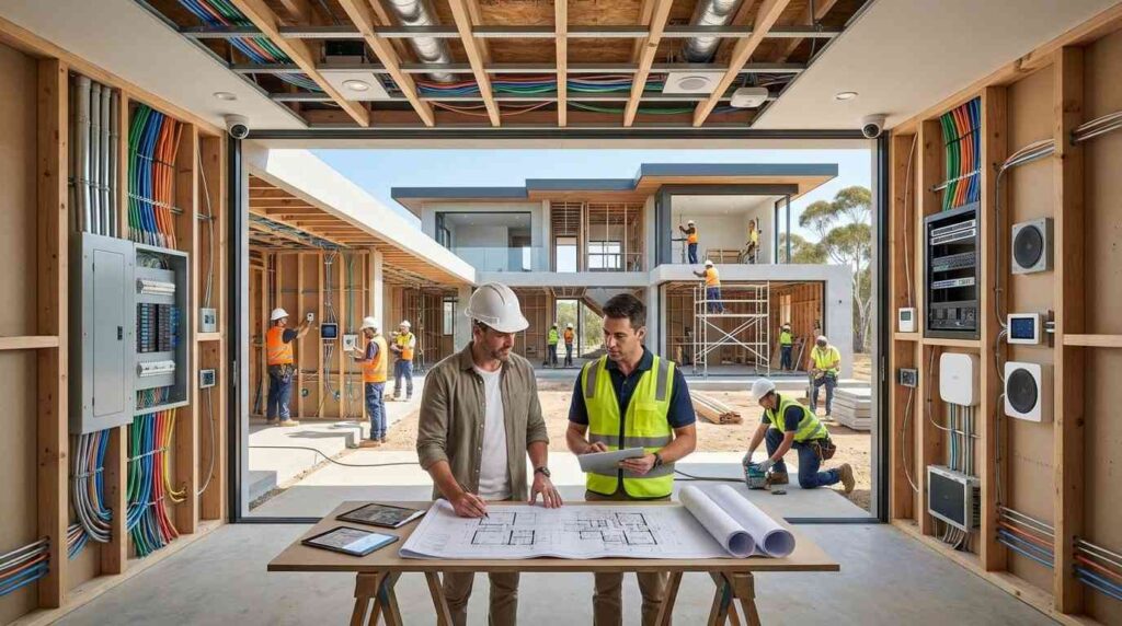 Male homeowner and male smart home specialist reviewing automation plans while integrated wiring, security systems, and smart technology are installed during new home construction.