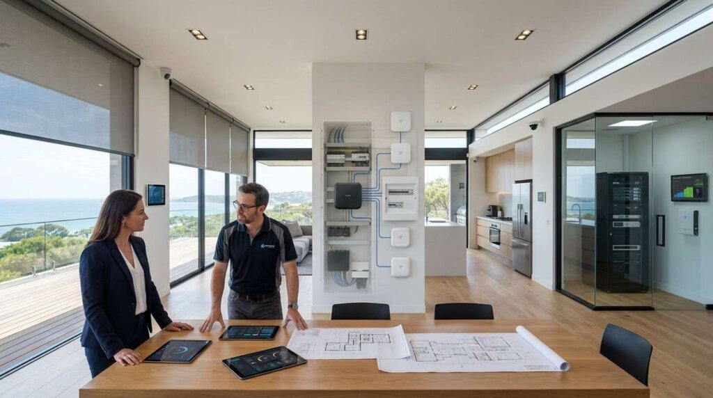 Male homeowner and male smart home systems engineer reviewing integrated smart home architecture featuring centralized automation, networking, security, lighting, climate control, and energy management systems.