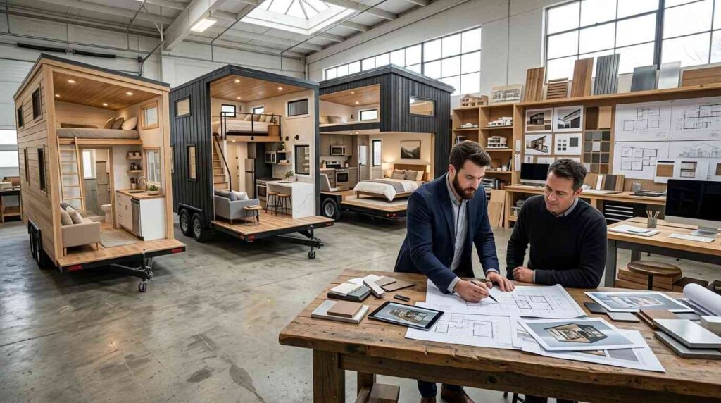 Male homeowner and male tiny house architect reviewing modern Tiny House on Wheels floor plans ranging from 200 to 400 square feet in a professional design studio.