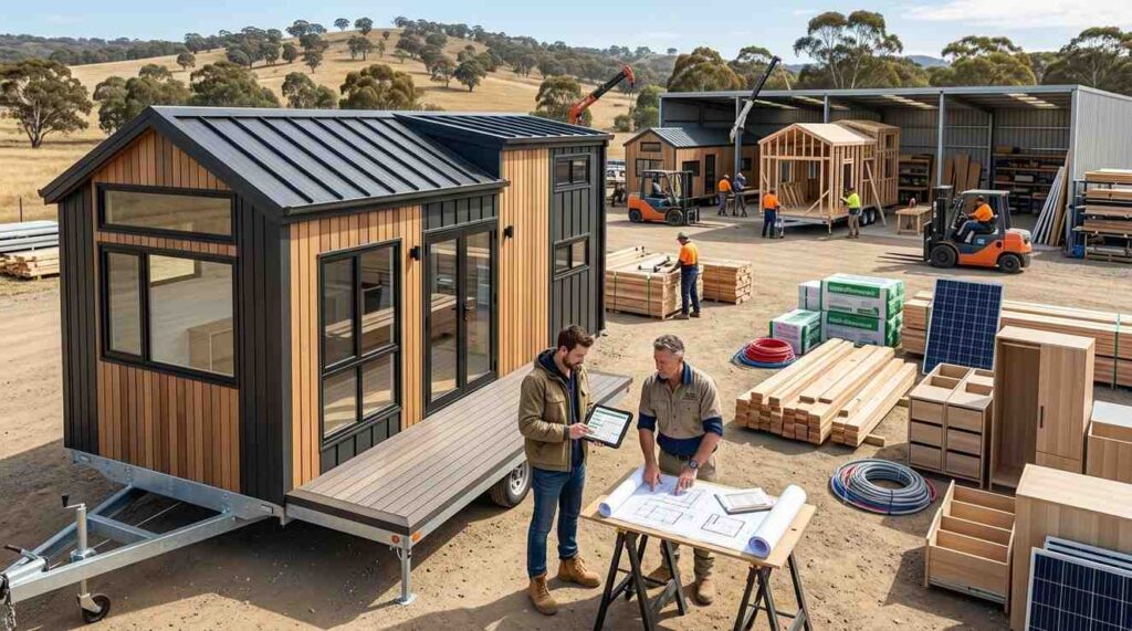 Male THOW owner and male builder reviewing construction budgets and building plans beside a modern Tiny House on Wheels under construction in a professional building yard.
