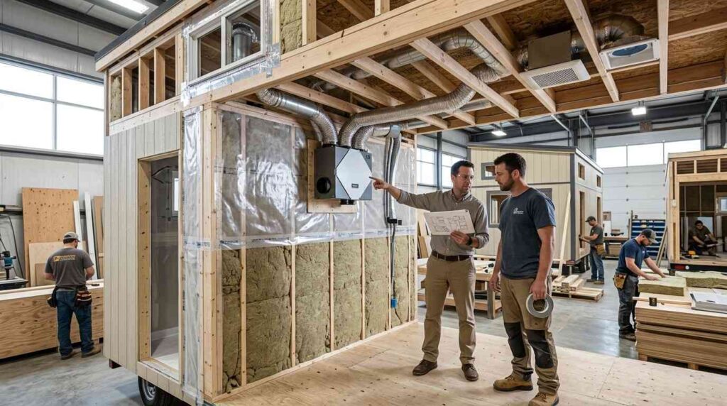 Male building scientist and male THOW builder reviewing ventilation and moisture control systems inside a Tiny House on Wheels with insulation, vapor barriers, and air circulation equipment.