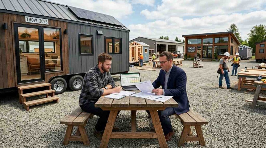 Male THOW buyer and male finance consultant reviewing financing options, loan documents, and construction budgets beside a modern Tiny House on Wheels in a professional consultation setting.