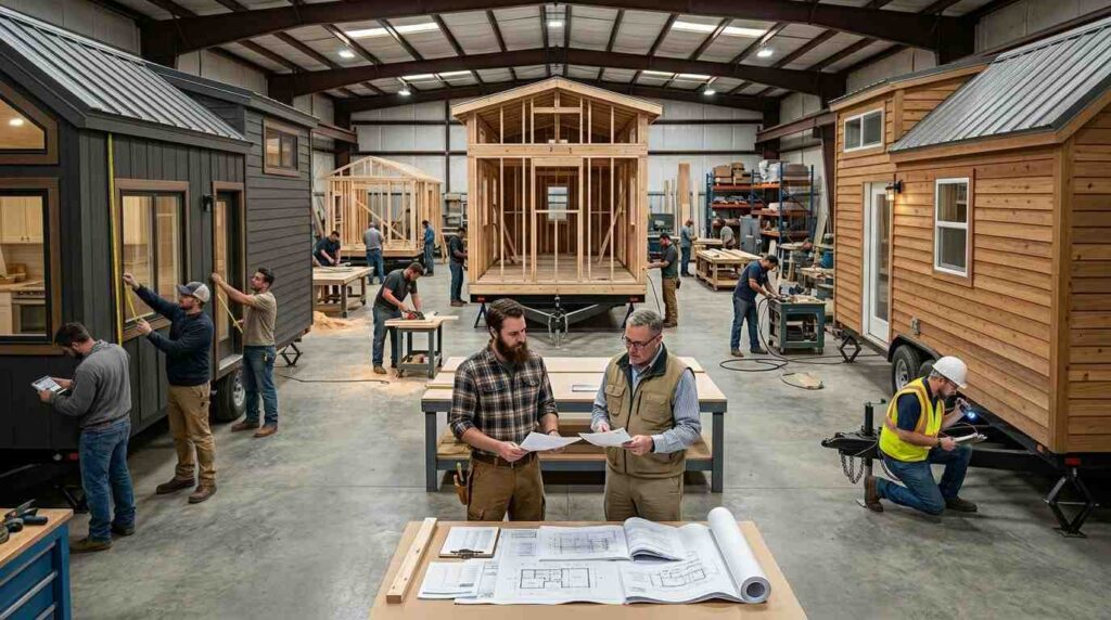 Male homeowner and certification consultant reviewing RVIA, ANSI, and NOAH compliance inspections for modern Tiny Houses on Wheels in a professional manufacturing facility.