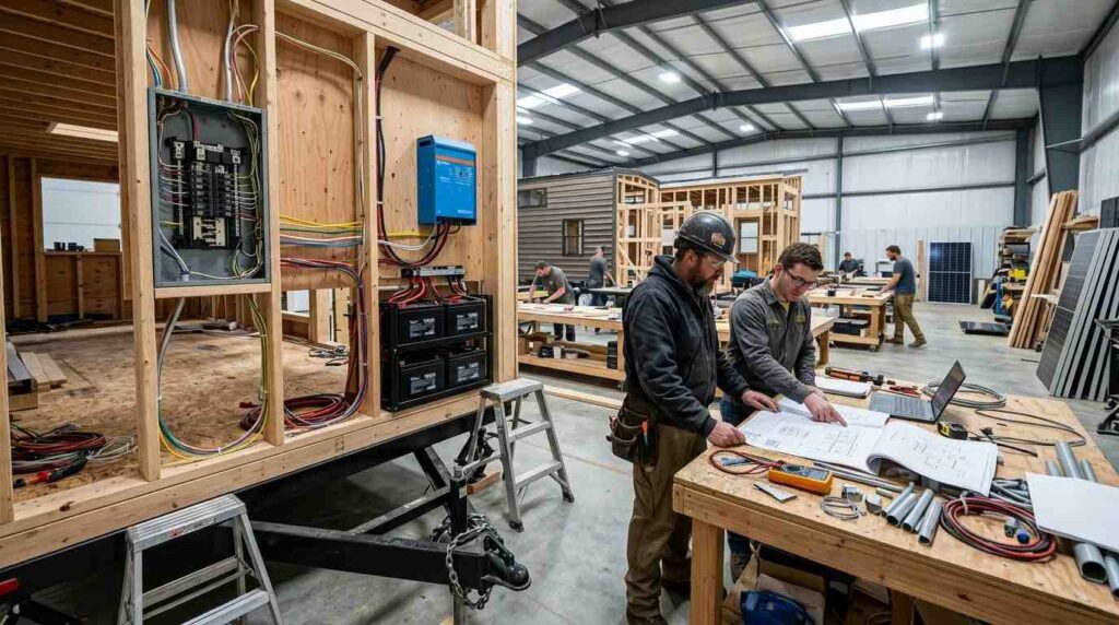 Male electrical engineer and male tiny house builder reviewing a Tiny House on Wheels electrical system with solar equipment, battery storage, wiring, and breaker panel installation.