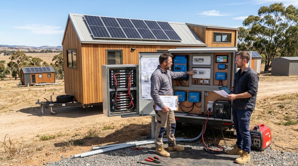 Male solar installer and male THOW owner reviewing a complete Tiny House on Wheels solar power system with rooftop solar panels, lithium batteries, inverter, and off-grid energy equipment.