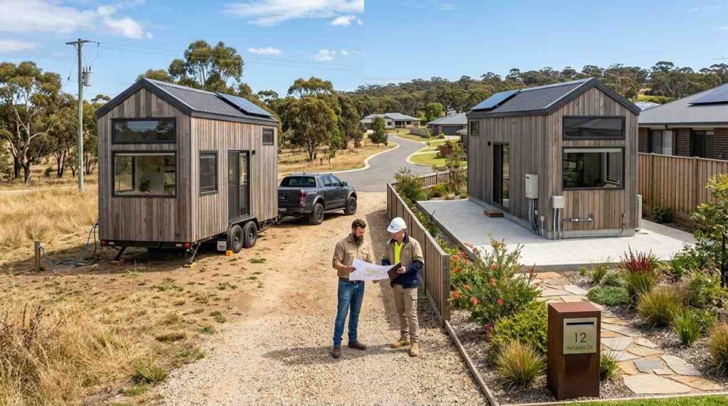 Side-by-side comparison of a Tiny House on Wheels and a tiny house on a permanent foundation in Australia with a male homeowner and male builder reviewing housing plans.
