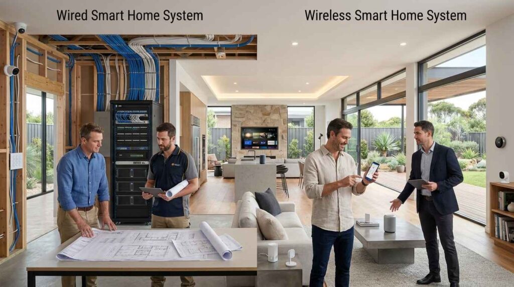 Side-by-side comparison of wired and wireless smart home systems with male homeowners and smart home specialists reviewing automation technology in a modern luxury residence.