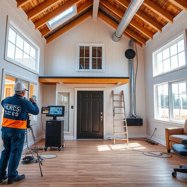 Newly constructed energy-efficient home undergoing HERS testing with blower door equipment, HVAC diagnostics, attic insulation inspection, sealed ductwork, efficient windows, and building-performance verification systems visible throughout the property.