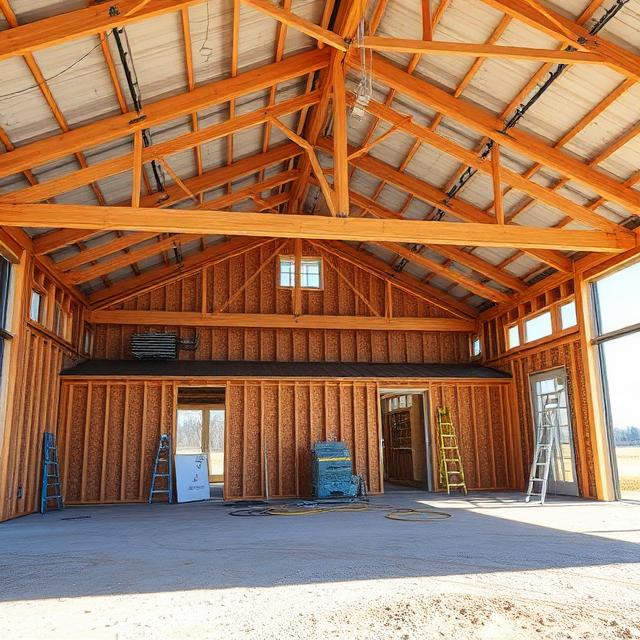 Steel-frame barndominium under construction showing metal roofing, structural steel framing, insulation systems, concrete slab, overhead doors, workshop space, HVAC installations, and specialized building components commonly inspected before project completion.
