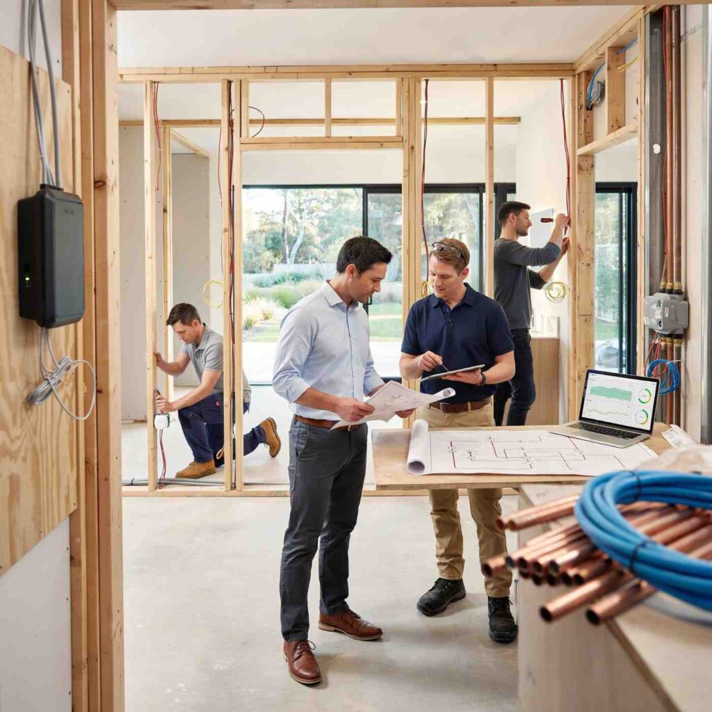 Male homeowner and male energy consultant reviewing smart EV charger integration with solar panels, battery storage, and whole-home energy management systems in a luxury modern residence.