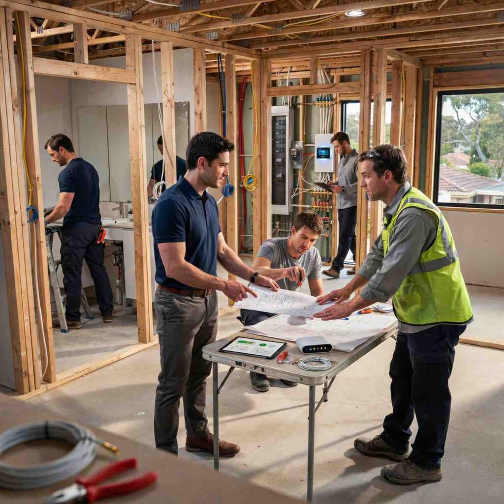 Male homeowner and male energy systems engineer reviewing smart electrical panel dashboards, solar integration, battery storage, and whole-home energy management systems in a luxury smart home.