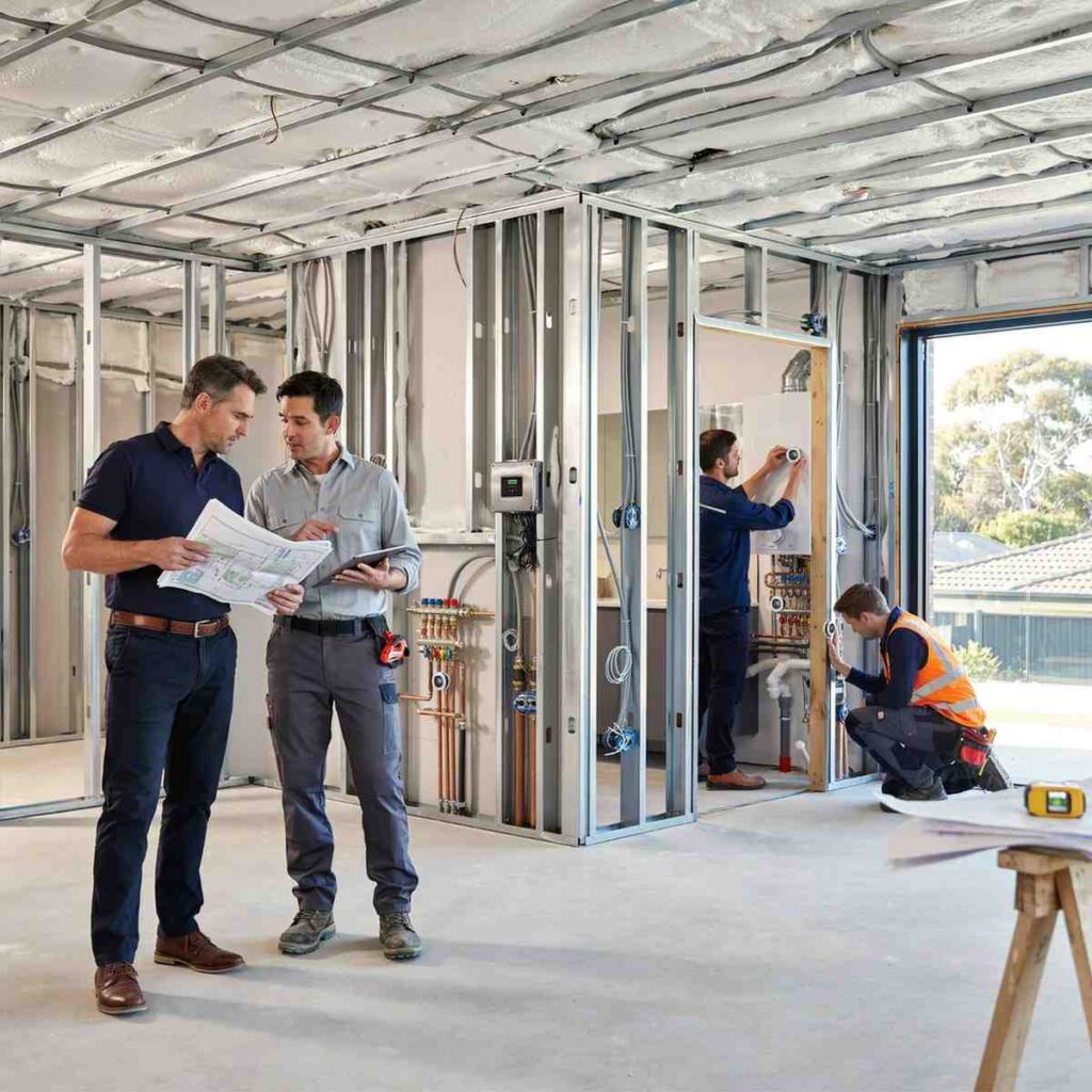 Male homeowner and male smart water management engineer reviewing leak detection sensor network plans while smart water sensors and monitoring devices are installed throughout a luxury home under construction.