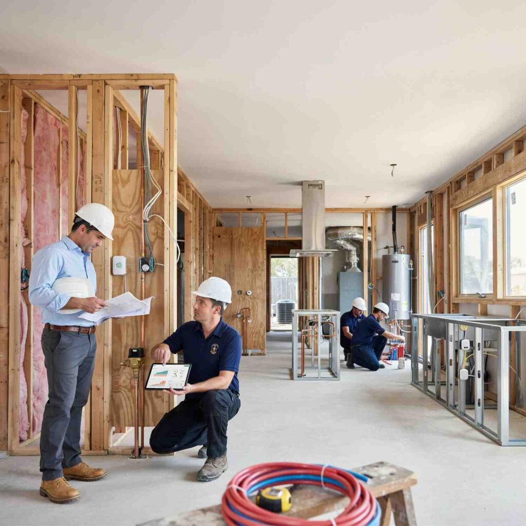 Male homeowner and male smart plumbing specialist reviewing whole-home smart water shutoff plans while leak sensors, automatic shutoff valves, and water monitoring systems are installed in a luxury home under construction.