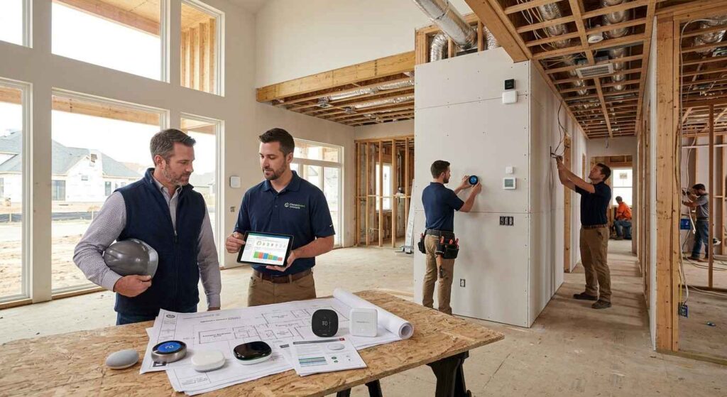 Male homeowner and male HVAC specialist reviewing smart thermostat options and climate control plans while advanced HVAC and zoning systems are installed in a luxury new-build home.