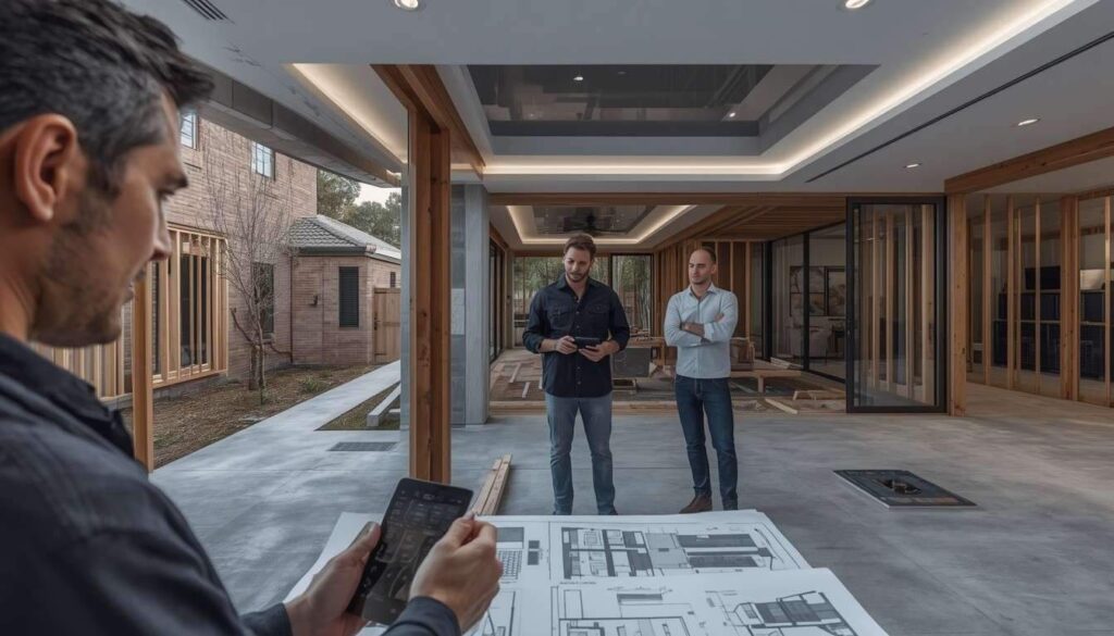 Male homeowner and male smart home project manager reviewing pre-wiring plans and technology infrastructure while structured network cabling, audio wiring, security systems, and automation wiring are installed in a luxury new-build home.