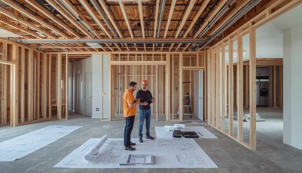 Senior male homeowner and male accessibility consultant reviewing aging-in-place smart home technology including voice controls, safety sensors, automated lighting, smart security, and accessibility features in a modern residence.