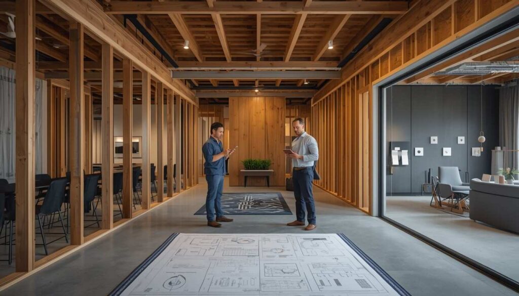 Male homeowner and male smart home architect reviewing Matter-compatible smart home plans while future-ready automation, networking, lighting, security, and climate control infrastructure are installed in a luxury new-build home.